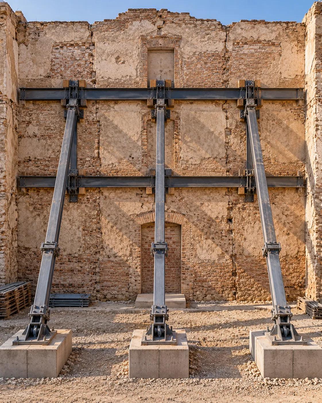 Muro de fábrica antiguo estabilizado con un apeo metálico de perfiles inclinados y cruceros, apoyados en dados de hormigón.