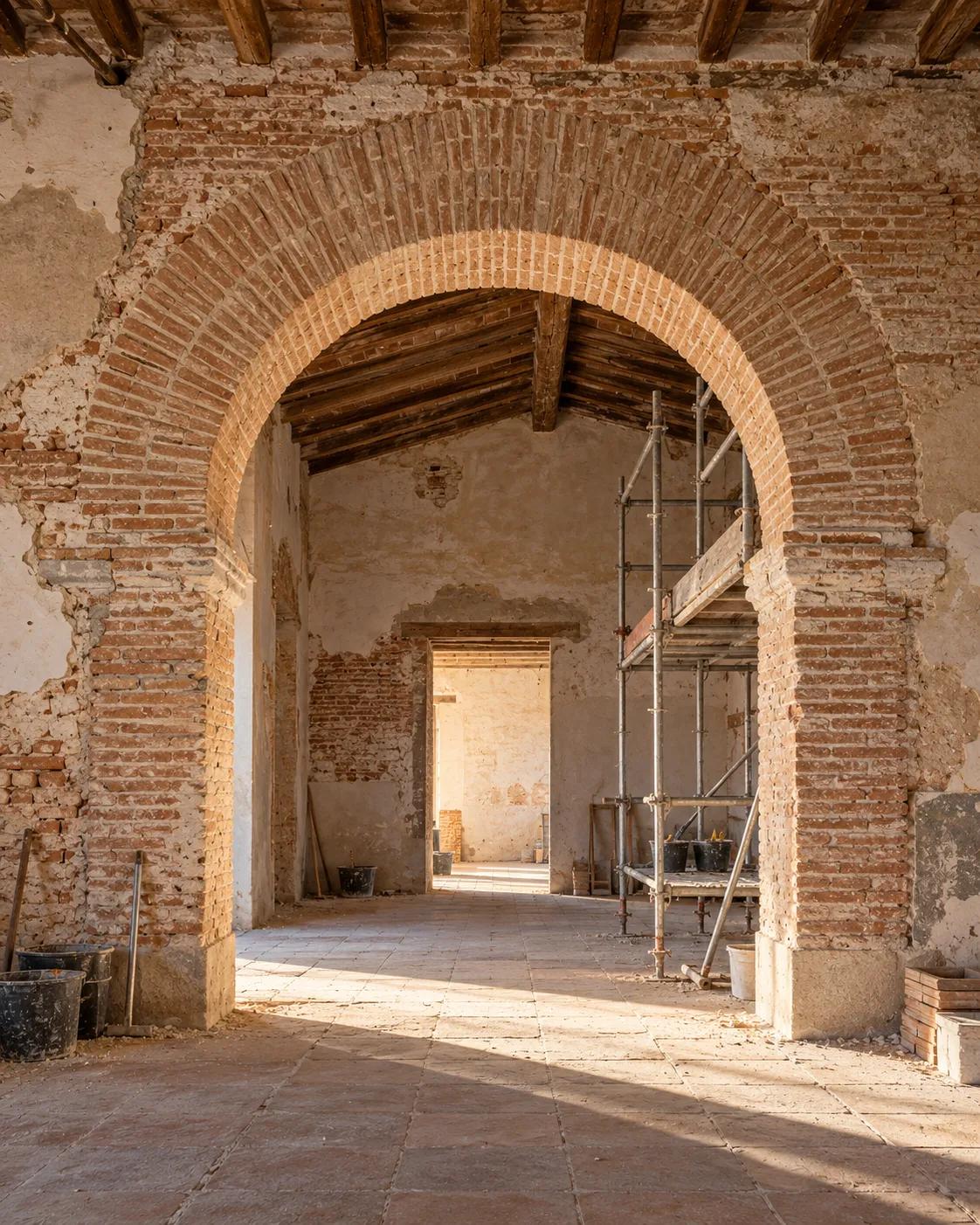 Arco de ladrillo restaurado en un edificio histórico en rehabilitación, con andamio y forjado de madera al fondo.