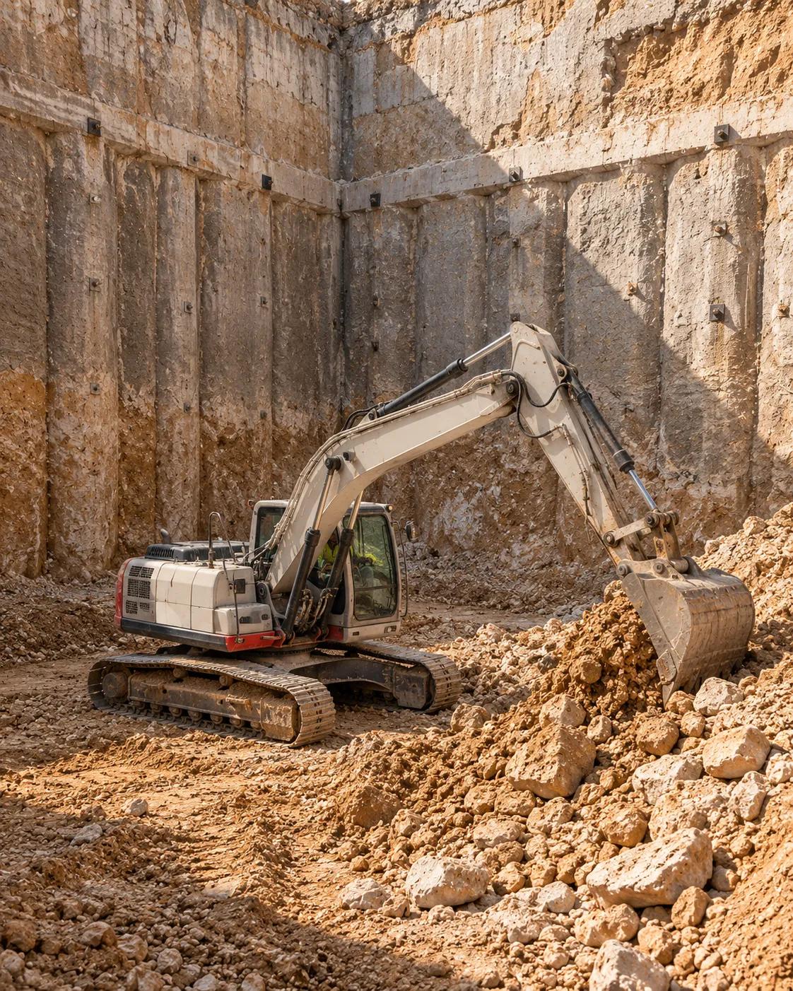 Excavadora retirando tierras en el interior de un recinto apantallado con muros de pilotes.