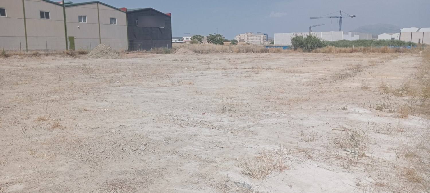 Solar llano de tierra seca con hierba rala, entre naves industriales, antes del tratamiento del terreno.