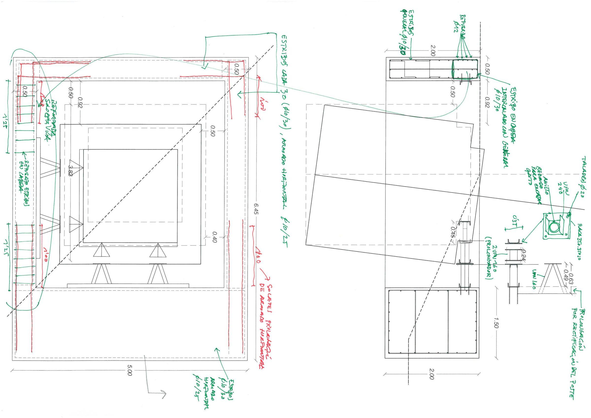 Croquis a mano de la nivelación: a la izquierda, la planta de las vigas de reacción de 5,00 × 6,45 m alrededor de la zapata, con las armaduras en rojo; a la derecha, la sección con la zapata girada, la viga de reacción, el gato, el perfil UPN 240 y el puntal.