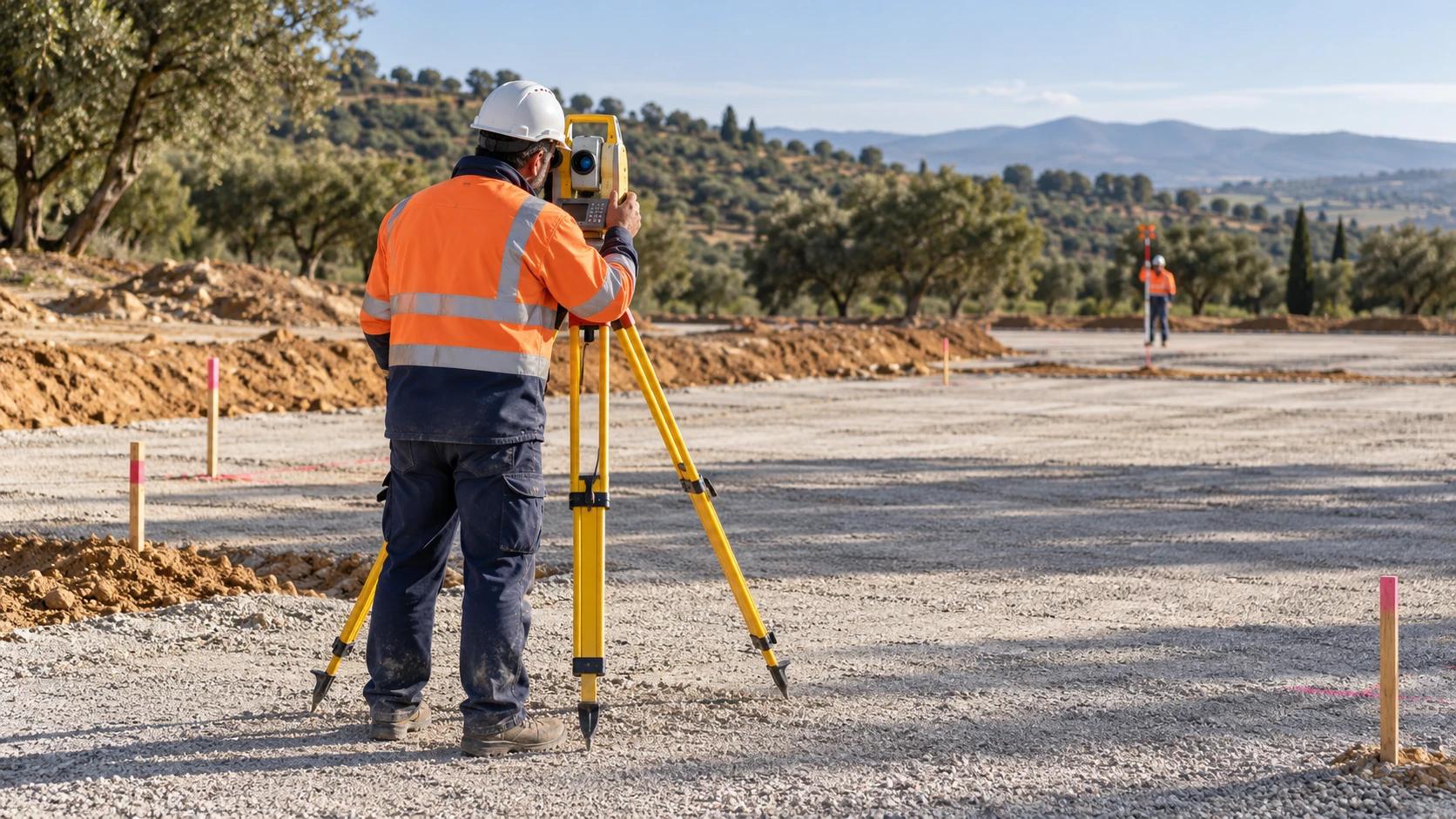 Técnico con estación total realizando un replanteo en una explanada de obra, con un segundo operario con el jalón al fondo.
